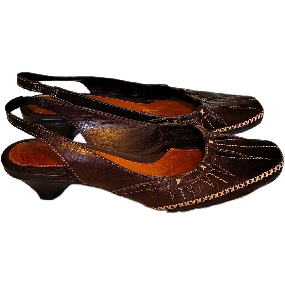 Nurture Brown Leather Slingback Square Toe Block Heel Pumps Contrast Stitch 7M